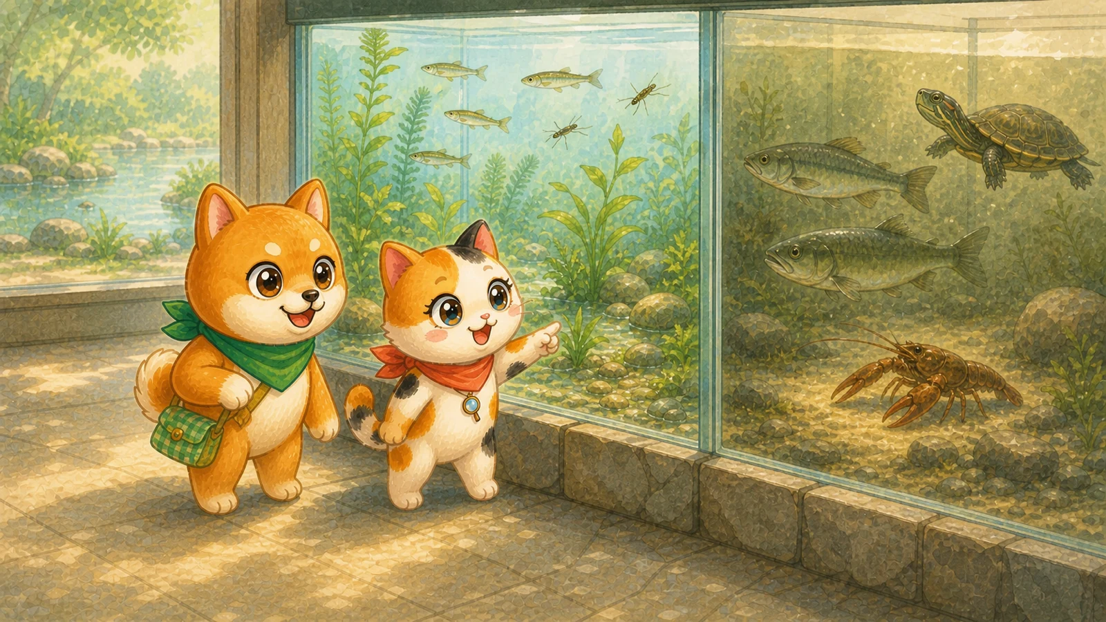 「ガイドツアー:水生物館で見る井の頭池の今と昔」のイメージイラスト（みちみっけ）