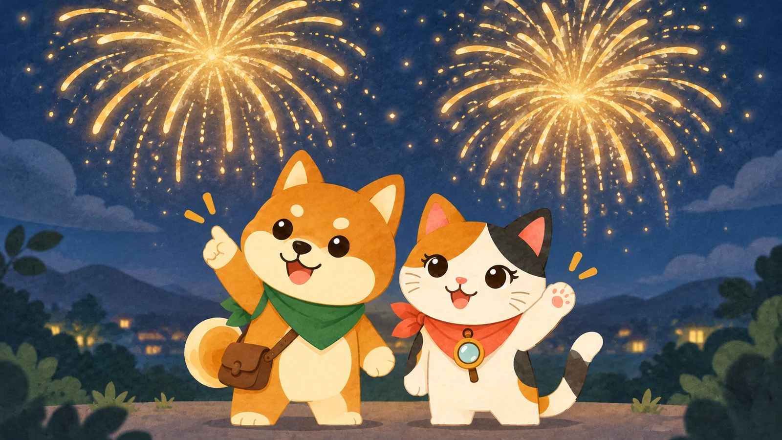 「あさくち花火大会」のイメージイラスト（みちみっけ）