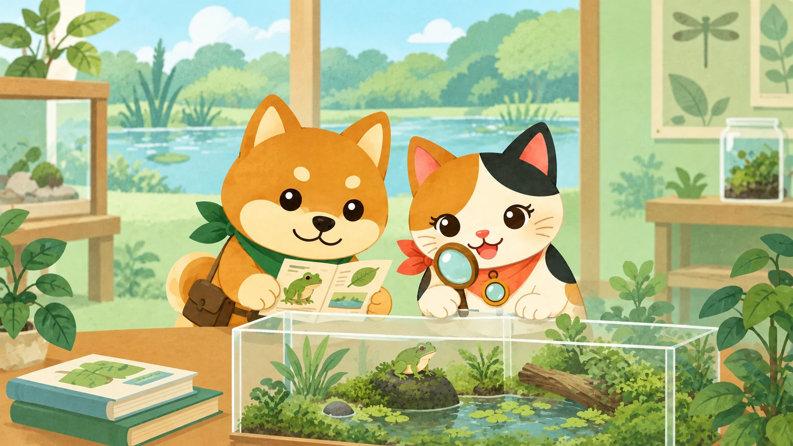 「資料館特設展示「いきもの広場ただいま出張中」」のイメージイラスト（みちみっけ）