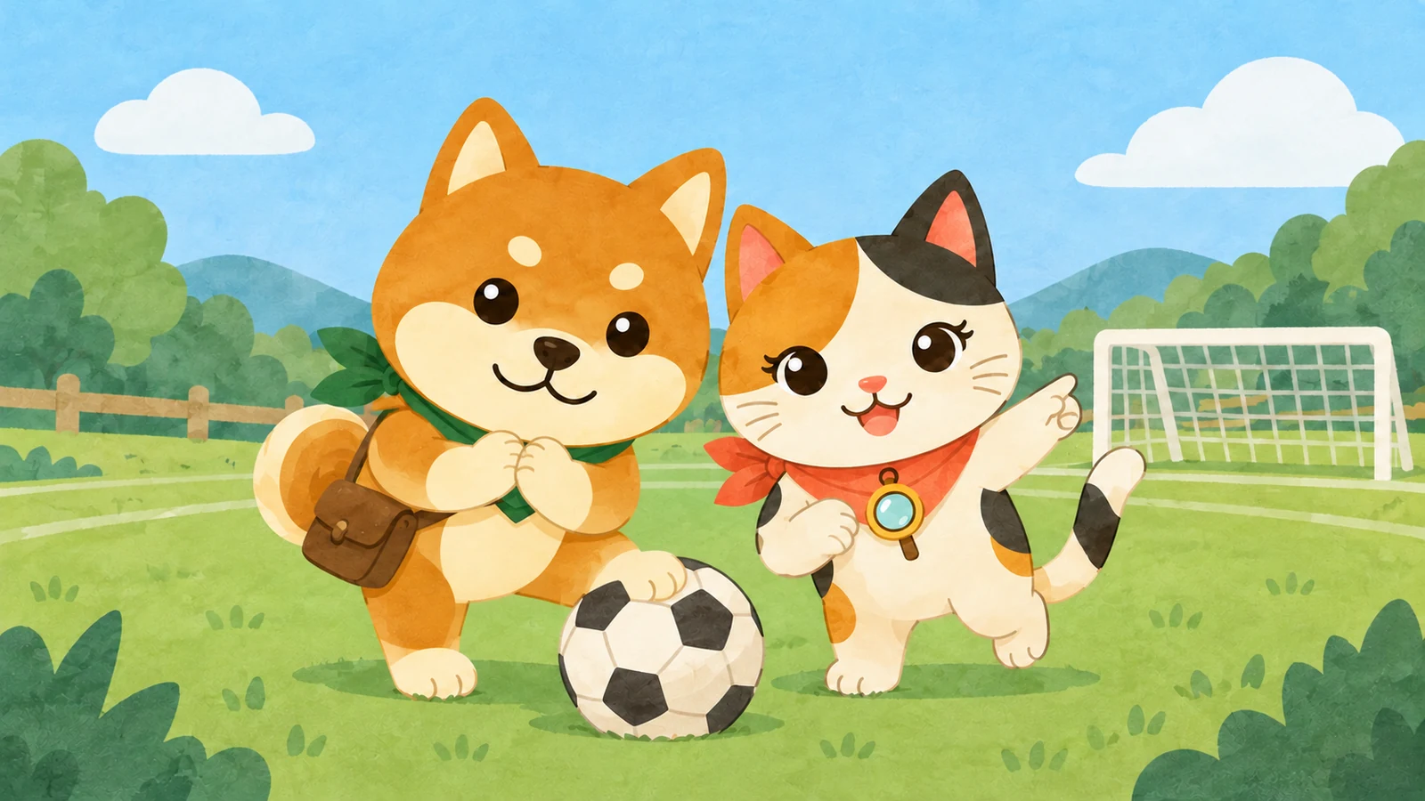 「小学生対象 サッカー 無料体験会 開催のお知らせ」のイメージイラスト（みちみっけ）