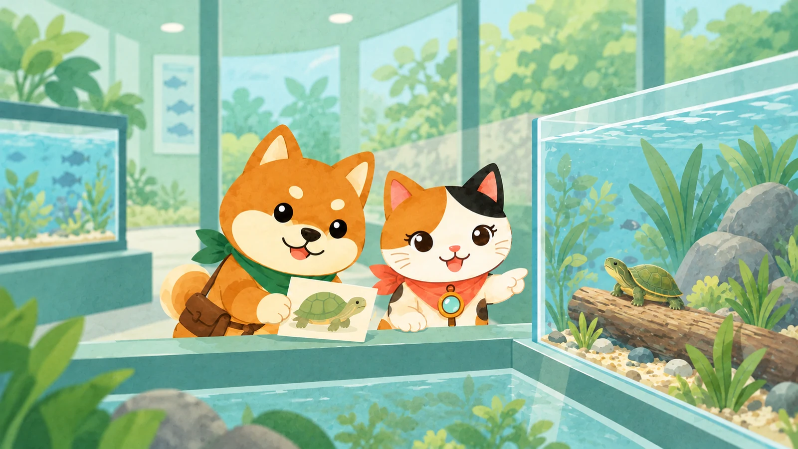 「両生爬虫類館 企画展示「カメカメエブリバディ」」のイメージイラスト（みちみっけ）