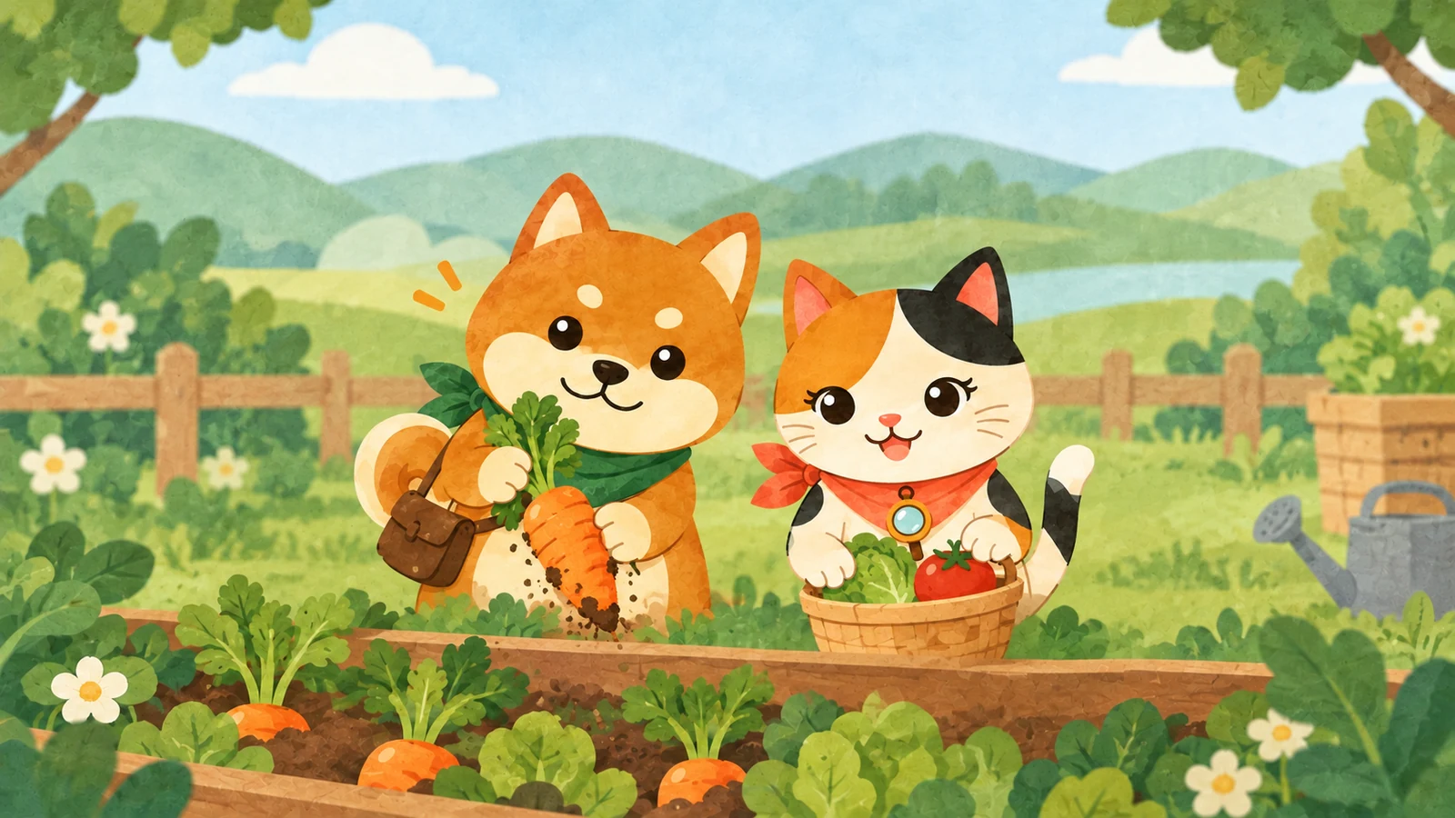 「稲狩りと野菜の収穫」のイメージイラスト（みちみっけ）
