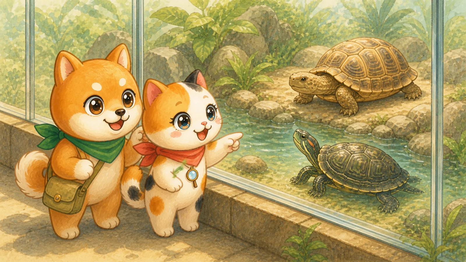 「両生爬虫類館 企画展示「カメカメエブリバディ」」のイメージイラスト（みちみっけ）