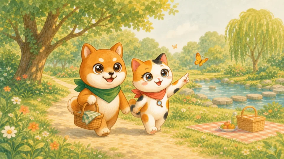 公園でミチとミケが蝶を見つけるイラスト