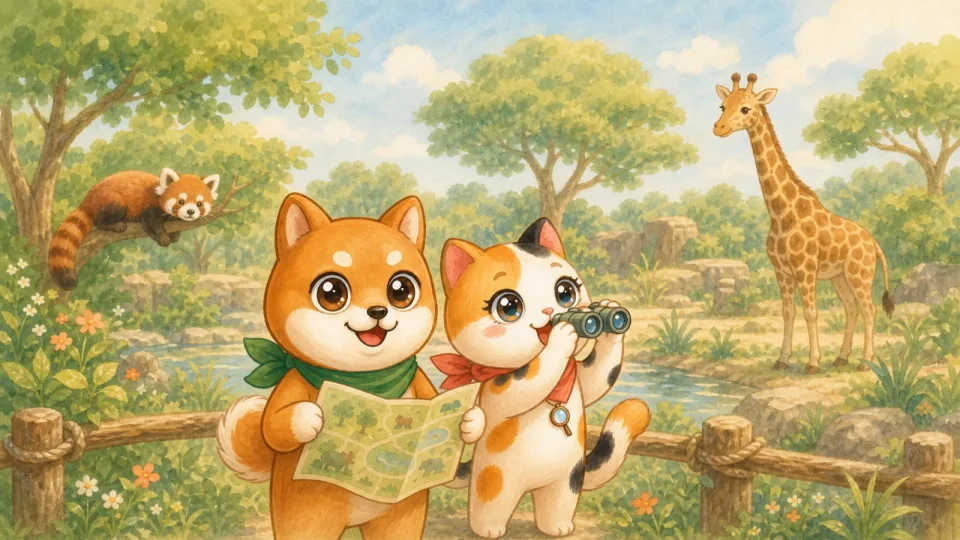 動物園でミチとミケがキリンを見つけるイラスト
